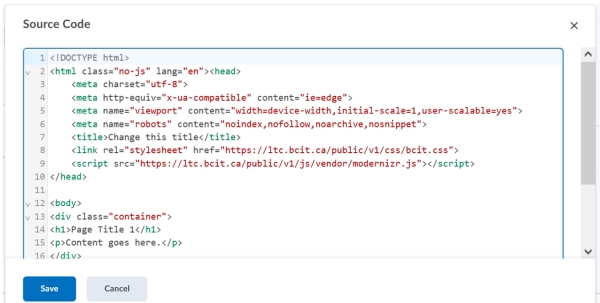 Edit HTML File - Source code window